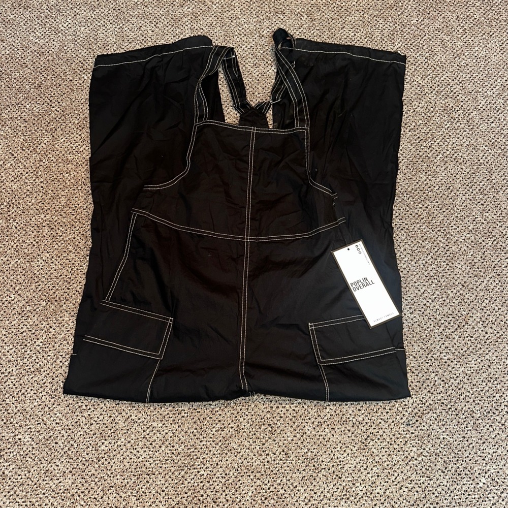 Almost Famous Black Poplin Overalls Contrast Stitch Cargo Pockets Small NEW